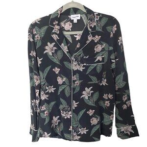 FRANK +OAK 100% Silk Dark Floral Long Sleeves Pj Style Button Front Top Sz M